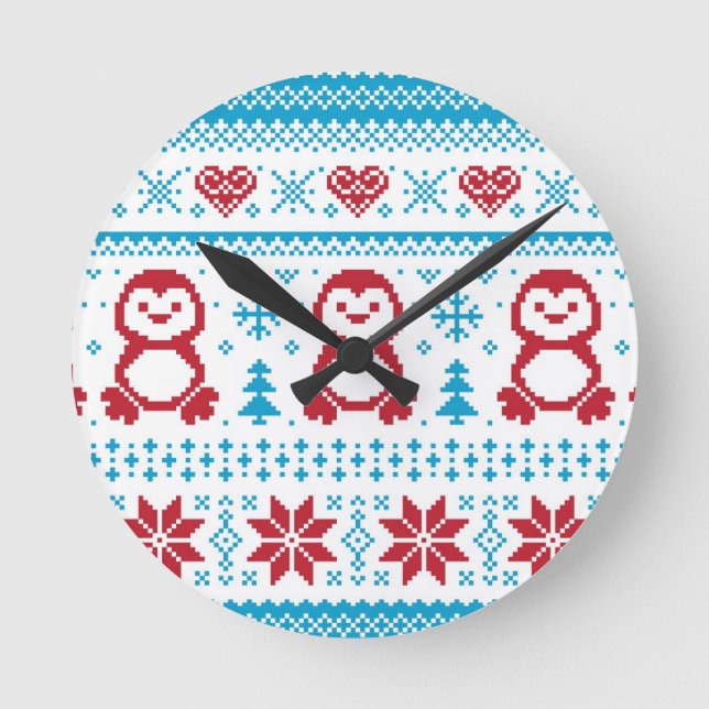 Christmas and Winter knitted pattern Round Clock (Front)