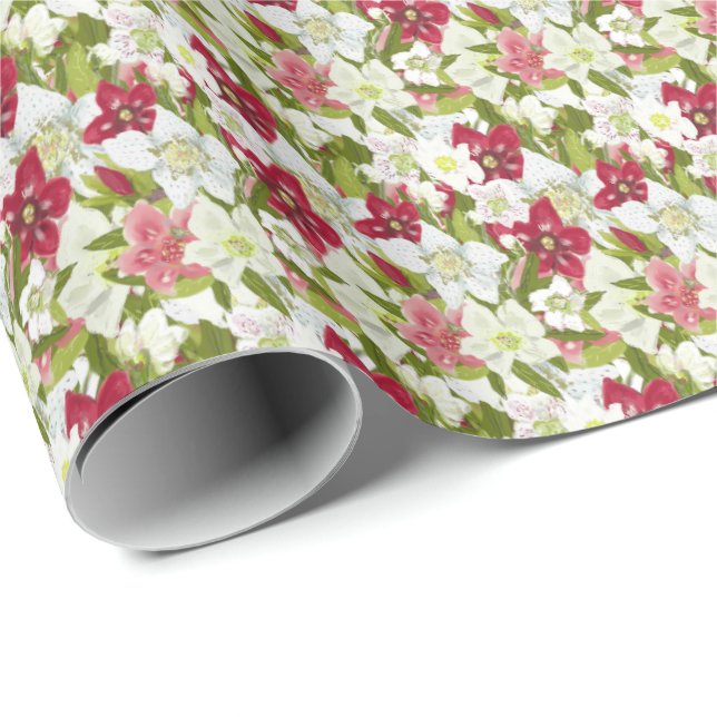 Christmas Anemones-Painted Hellebores Floral Wrapping Paper (Roll Corner)