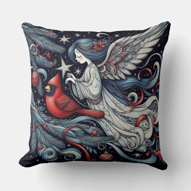 Christmas Angel and Cardinal Cushion (Front)