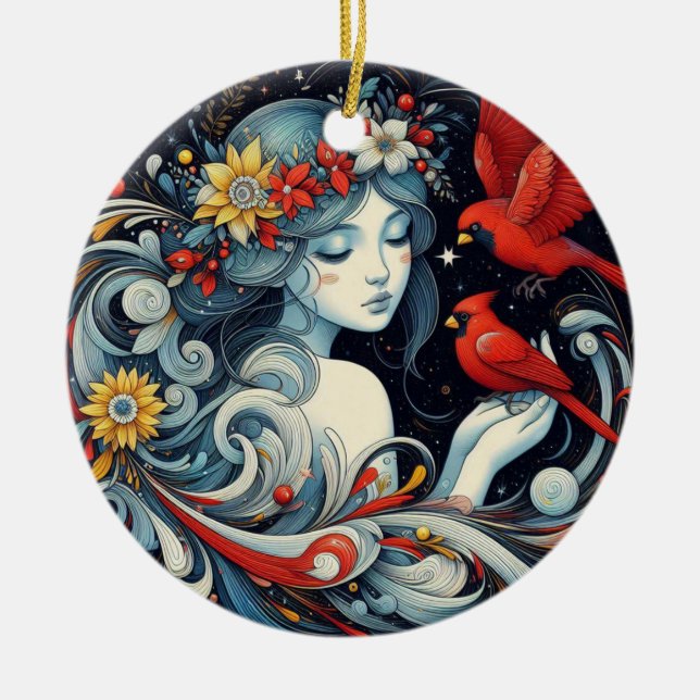 Christmas Angel and Cardinals  Ceramic Tree Decoration (Front)