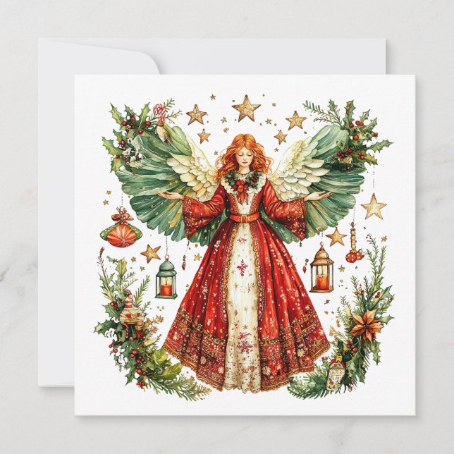  Christmas Angel and lighted lanterns with candles Holiday Card (Front)