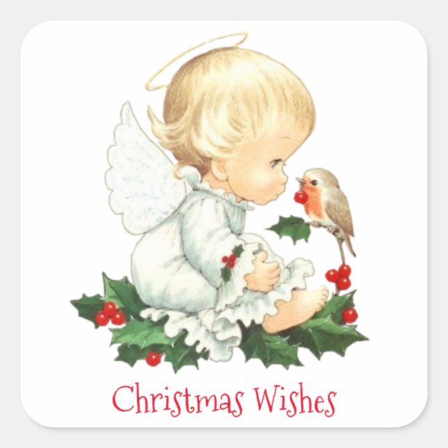 Christmas Angel and Robin Christmas Wishes Square Sticker (Front)