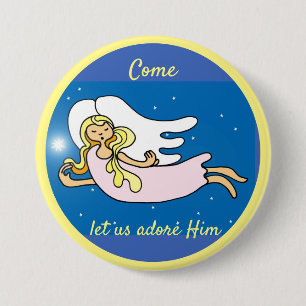 Christmas angel and star come let us adore Him 7.5 Cm Round Badge