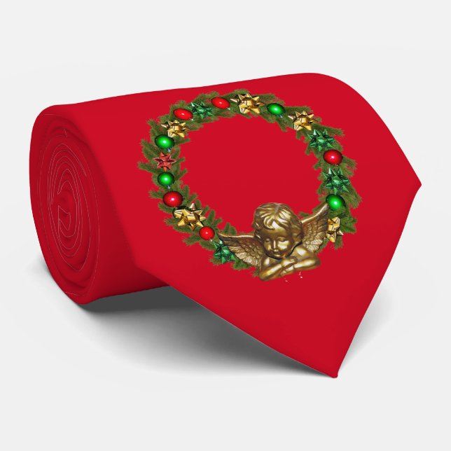 Christmas Angel and Wreath Red Tie (Rolled)