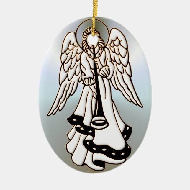 Christmas Angel Brass Trumpet Ceramic Tree Decoration (Front)