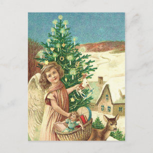 Christmas angel bringing toys postcard