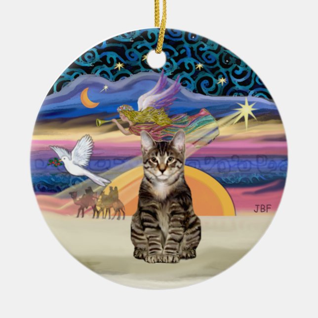 Christmas Angel - Brown Tabby Tiger cat Ceramic Tree Decoration (Front)