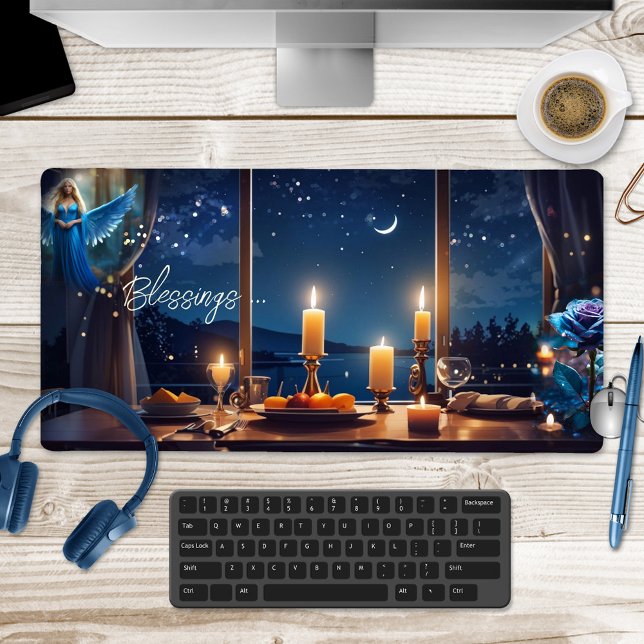 Christmas Angel Candle Light  Desk Mat (Christmas desk mat featuring a magical design with candles, angel and light sparkles )