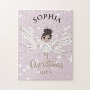 Christmas Angel Dark Hair Pink White  Jigsaw Puzzle