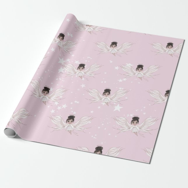 Christmas Angel Dark Hair Stars Pink Cute  Wrapping Paper (Unrolled)