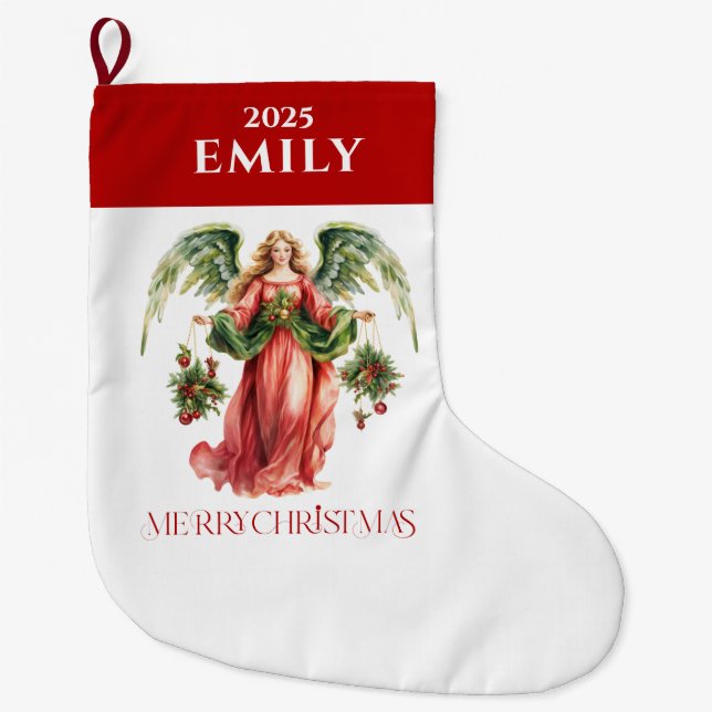 Christmas Angel Fancy Merry Christmas Typography  Large Christmas Stocking (Front)