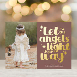 Christmas Angel Girl White Grayish Red Gold  Foil Holiday Card