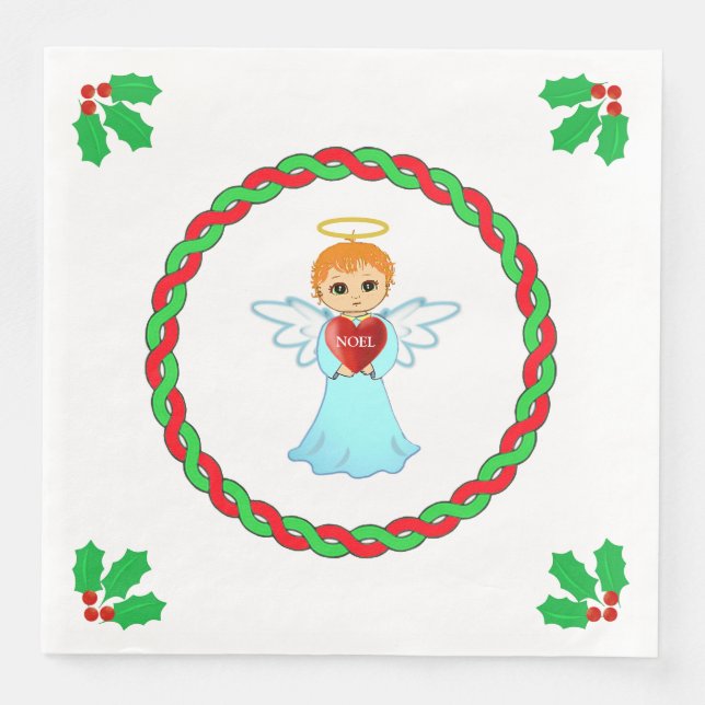 Christmas angel & holly leaves on white napkin (Front)