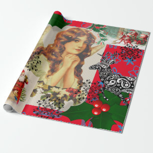 CHRISTMAS ANGEL IN RED COLLAGE Wrapping Paper