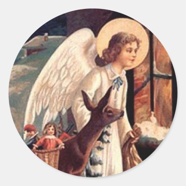 Christmas Angel looking through a window Classic Round Sticker (Front)