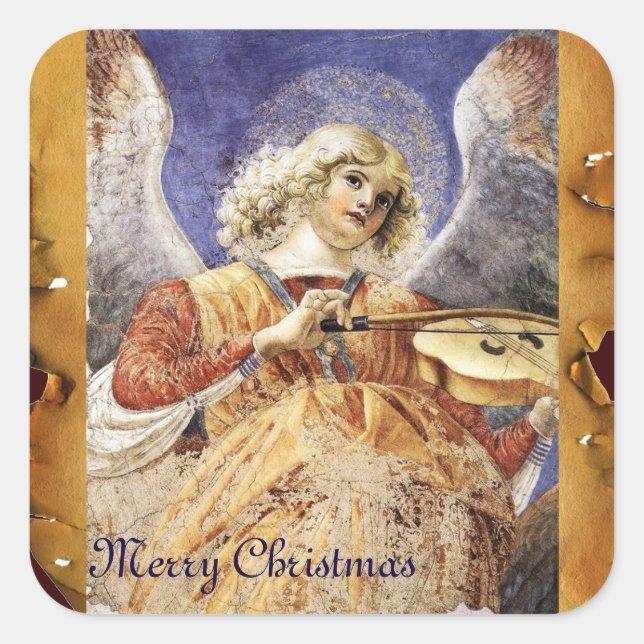CHRISTMAS ANGEL MAKING MUSIC ANTIQUE PARCHMENT SQUARE STICKER (Front)