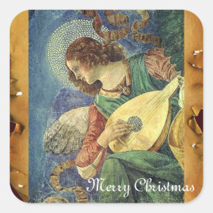 CHRISTMAS ANGEL MAKING MUSIC ANTIQUE PARCHMENT SQUARE STICKER