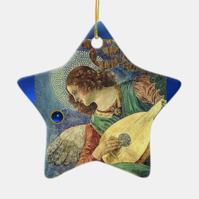 CHRISTMAS ANGEL MAKING MUSIC Blue Gem Stone Star Ceramic Tree Decoration (Front)