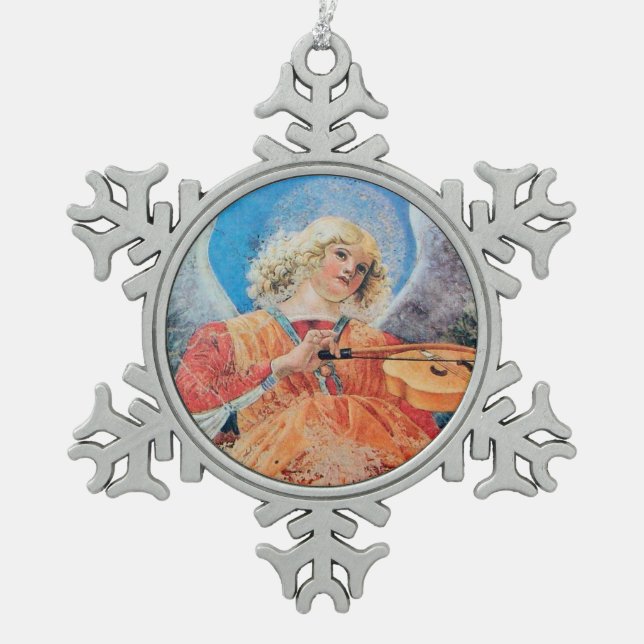 CHRISTMAS ANGEL MAKING MUSIC pink blue turquoise Snowflake Pewter Christmas Ornament (Front)
