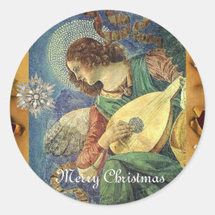 CHRISTMAS ANGEL MAKING MUSIC WITH DIAMOND STAR CLASSIC ROUND STICKER
