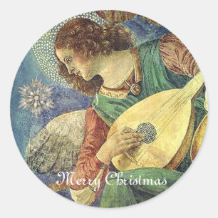 CHRISTMAS ANGEL MAKING MUSIC WITH DIAMOND STAR CLASSIC ROUND STICKER