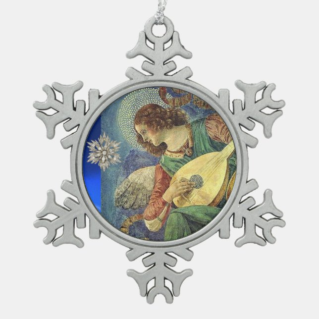 CHRISTMAS ANGEL MAKING MUSIC WITH DIAMOND STAR SNOWFLAKE PEWTER CHRISTMAS ORNAMENT (Front)