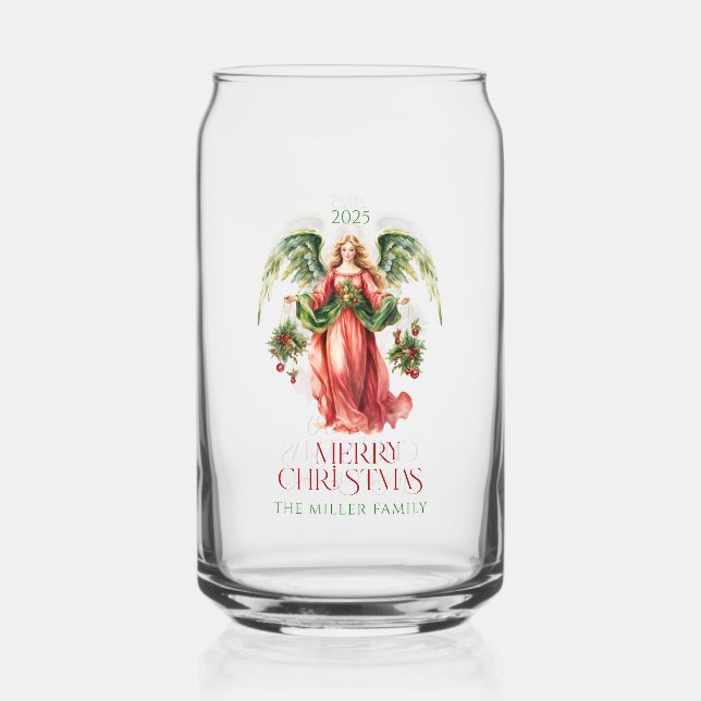 Christmas Angel Merry Christmas Typography  Can Glass (Front)