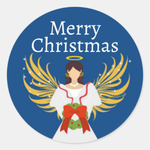 Christmas Angel Modern Wreath Wings Halo Blue Classic Round Sticker