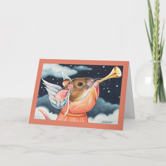 Christmas Angel Mouse and Trumpet Watercolor Art Card (Front)