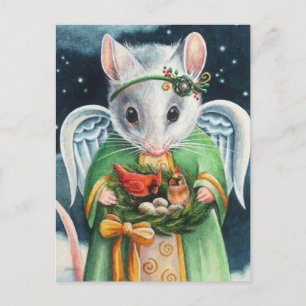 Christmas Angel Mouse & Cardinals Watercolor Art Postcard