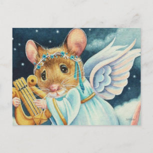 Christmas Angel Mouse Playing Lyre Watercolor Art Postcard