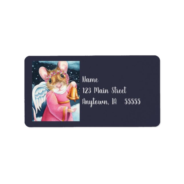 Christmas Angel Mouse Ringing Bell Watercolor Art Label (Front)