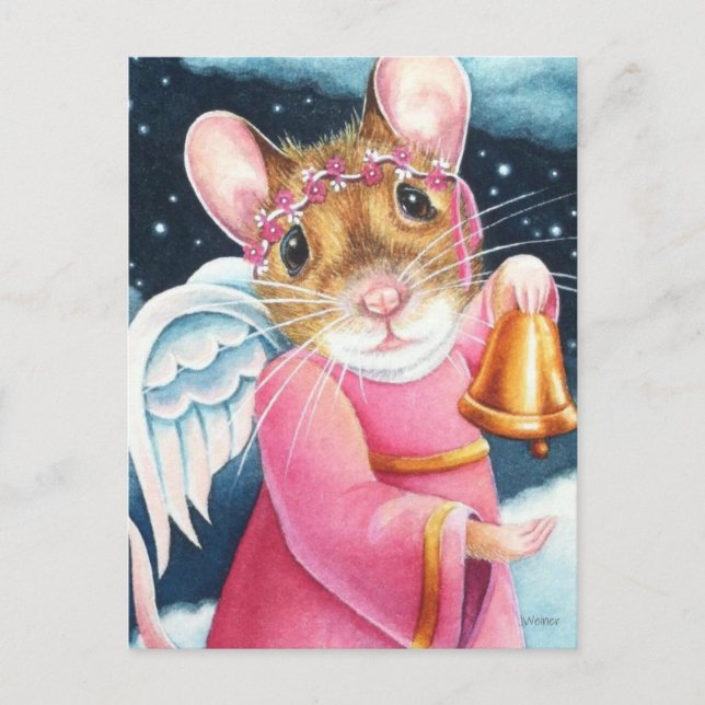 Christmas Angel Mouse Ringing Bell Watercolor Art Postcard (Front)