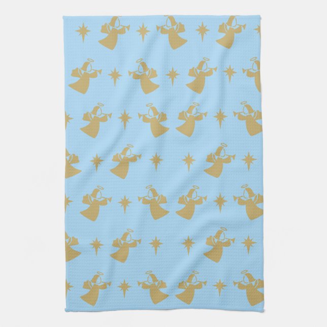 Christmas Angel Nativity Star Baby Blue Gold Tea Towel (Vertical)