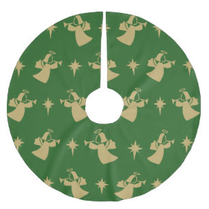 Christmas Angel Nativity Star Green Gold Brushed Polyester Tree Skirt
