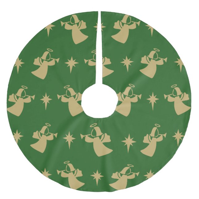 Christmas Angel Nativity Star Green Gold Brushed Polyester Tree Skirt (Front)