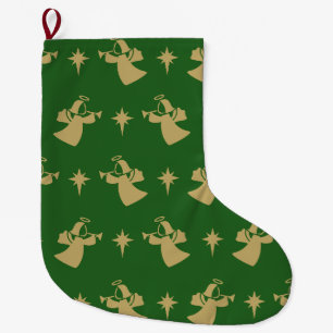 Christmas Angel Nativity Star Green Gold Large Christmas Stocking