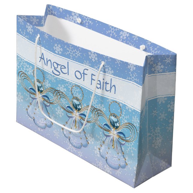 Christmas Angel of Faith Blue Ombre Snowflakes Large Gift Bag (Front Angled)