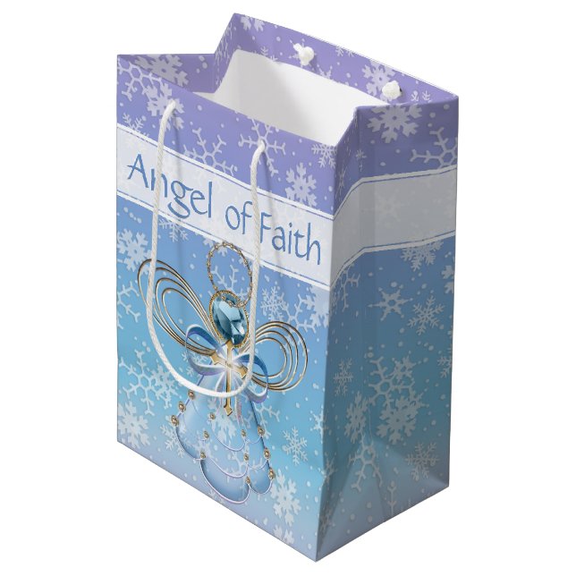 Christmas Angel of Faith Blue Ombre Snowflakes Medium Gift Bag (Front Angled)