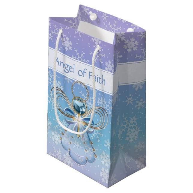 Christmas Angel of Faith Blue Ombre Snowflakes Small Gift Bag (Front Angled)