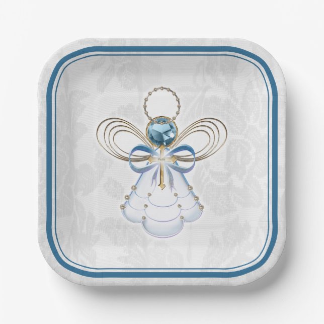 Christmas Angel of Faith Elegant Blue Gold Paper Plate (Front)