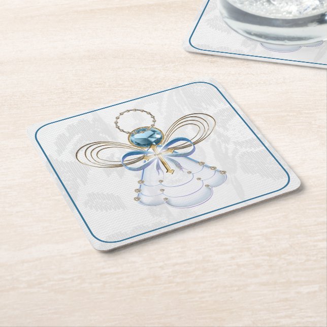 Christmas Angel of Faith Elegant Blue Gold Square Paper Coaster (Angled)