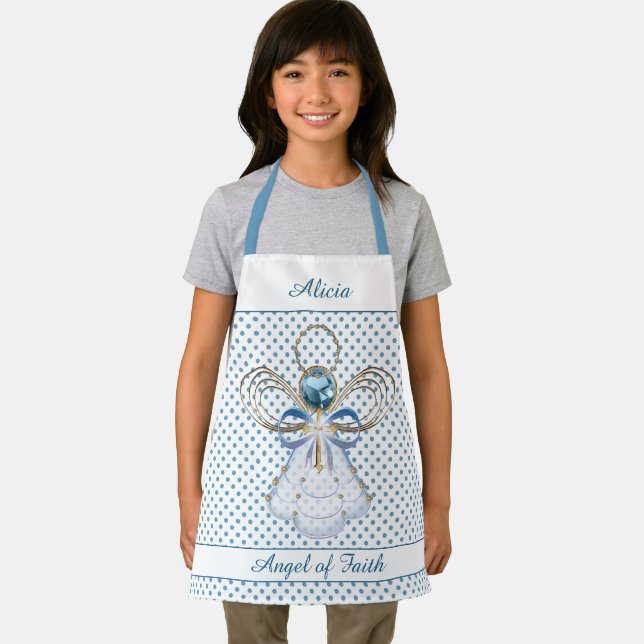 Christmas Angel of Faith Gold Filigree Blue Dots Apron (Insitu)