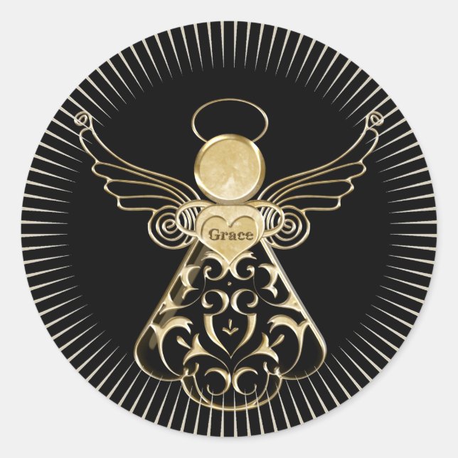 Christmas Angel of Grace Filigree Black and Gold Classic Round Sticker (Front)