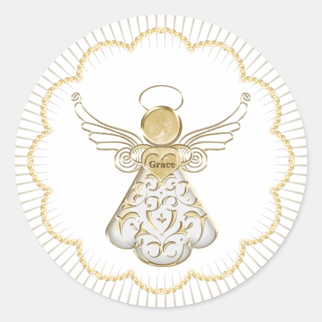 Christmas Angel of Grace Scalloped gold beads Classic Round Sticker (Front)