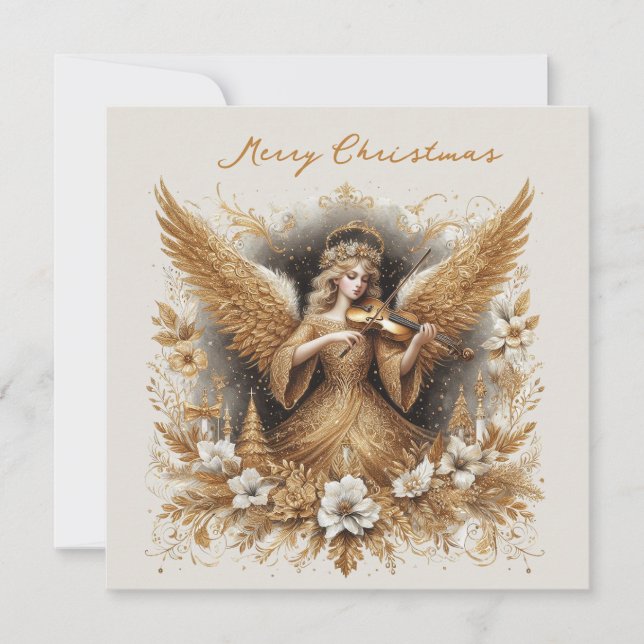 Christmas Angel playing music, customisable Holiday Card (Front)