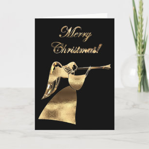 Christmas Angel Playing Trumpet Black and Gold Holiday Card