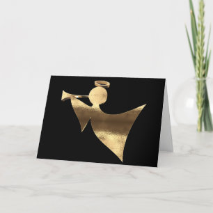 Christmas Angel Playing Trumpet Black and Gold Holiday Card