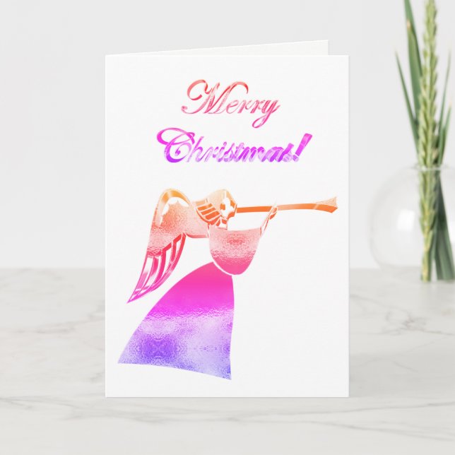 Christmas Angel Playing Trumpet Pink Rainbow Holiday Card (Front)