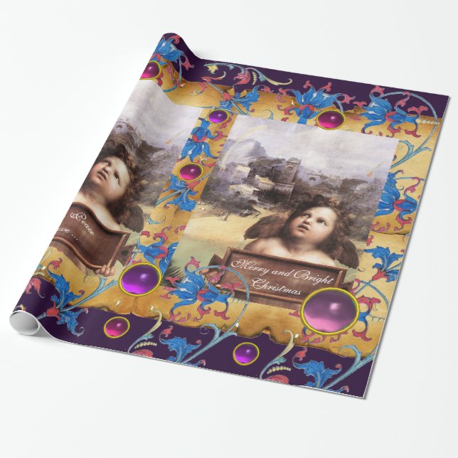 CHRISTMAS ANGEL,RED BLUE FLORAL PARCHMENT PINK GEM WRAPPING PAPER (Unrolled)